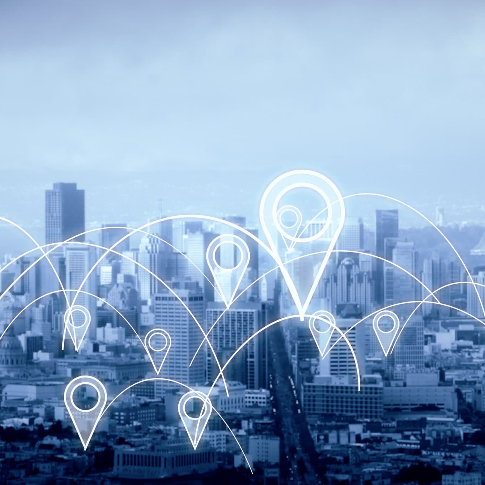 Navigation concept City with abstract connected location pins. Dull sky background. Navigation concept. 3D Rendering