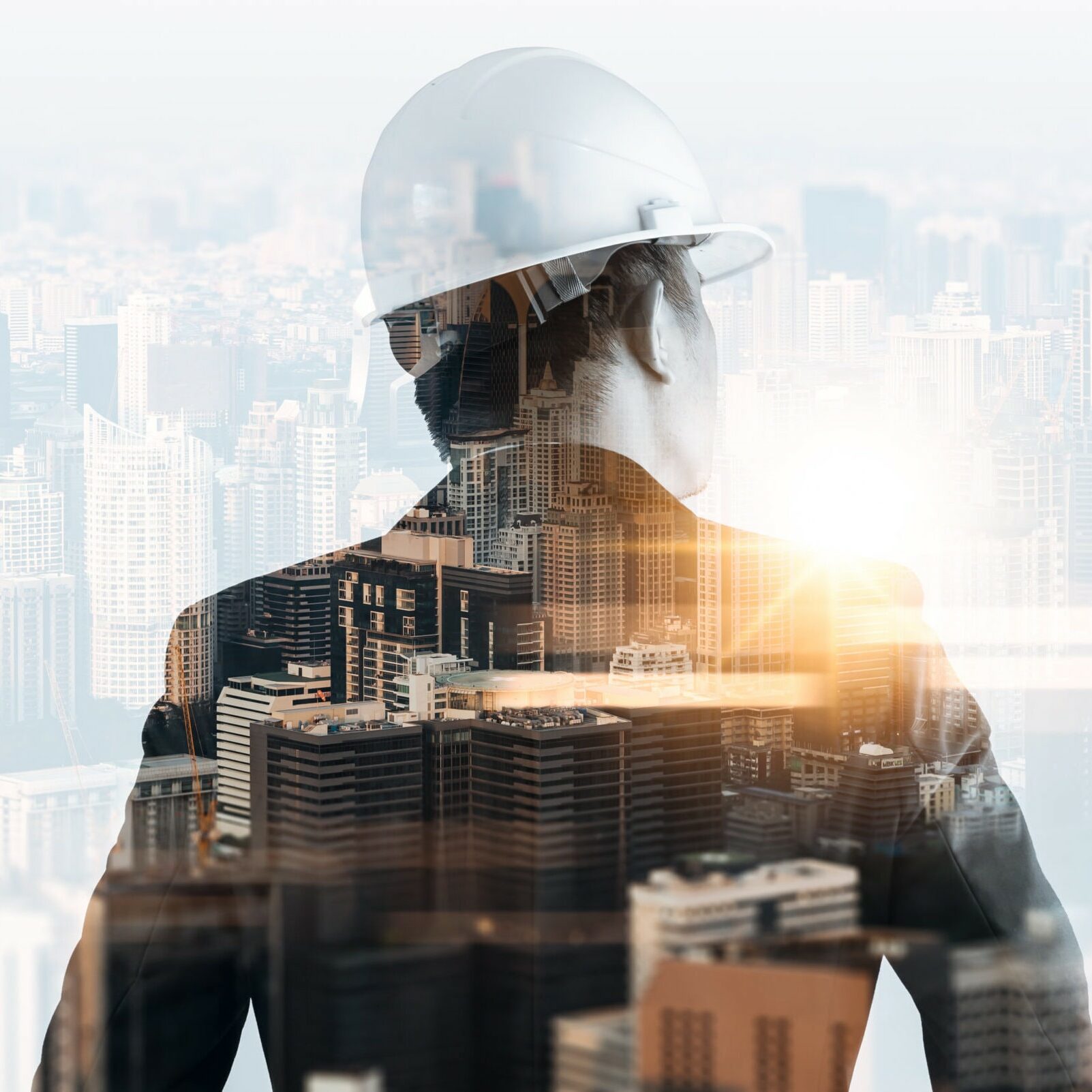 The double exposure image of the engineer standing back during s The double exposure image of the engineer standing back
