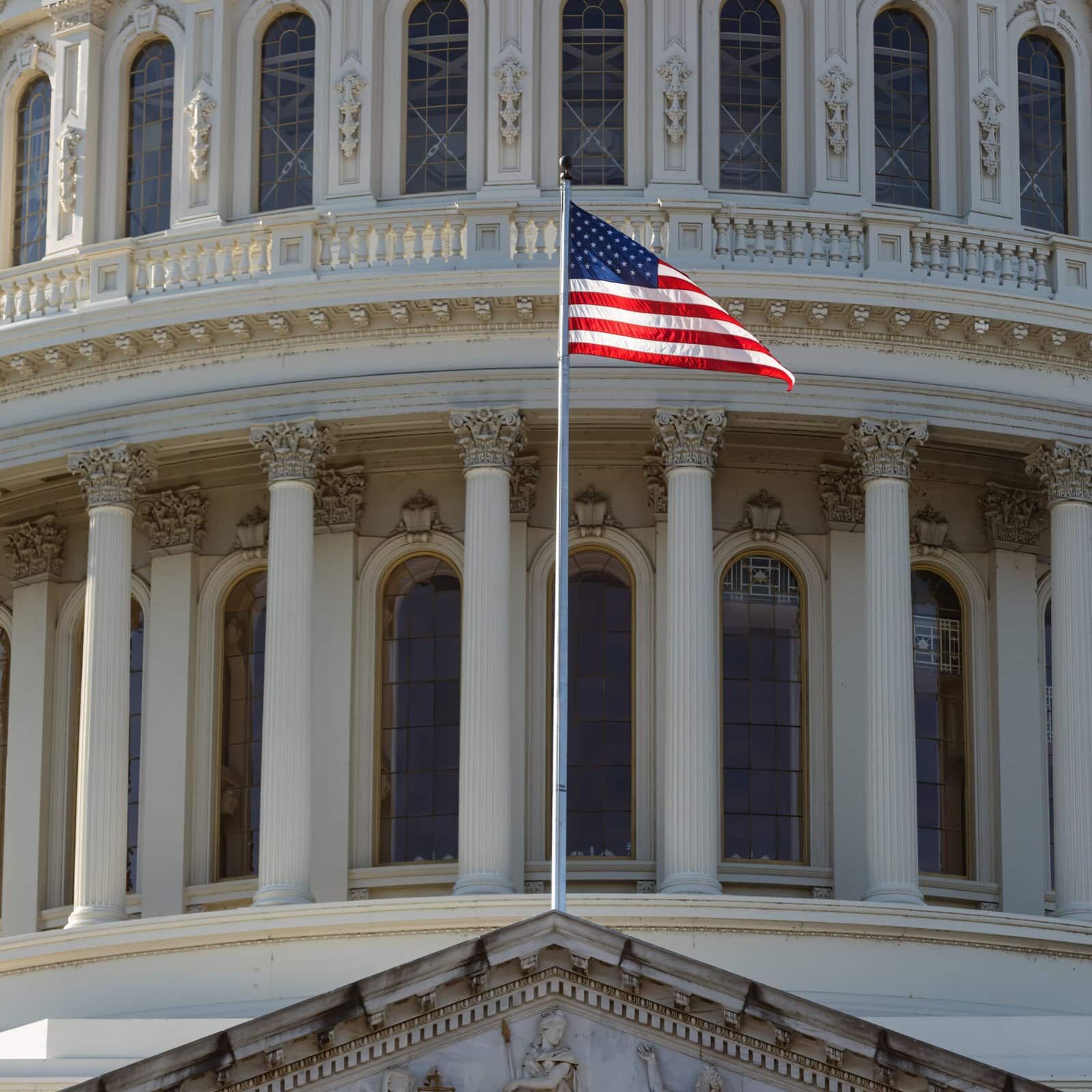 American flag on the background of the Capitol American flag on the background of the Capitol in Washington D.C.