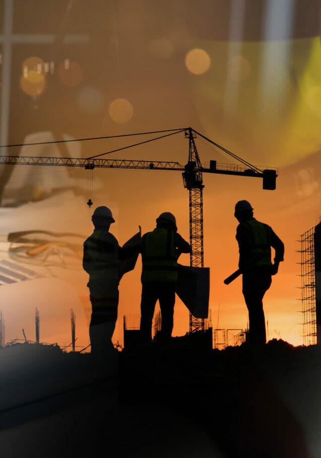 Double exposure of civil engineer silhouette at construction sit Double exposure of civil engineer silhouette at construction site with building designer working and meeting at night in banner site