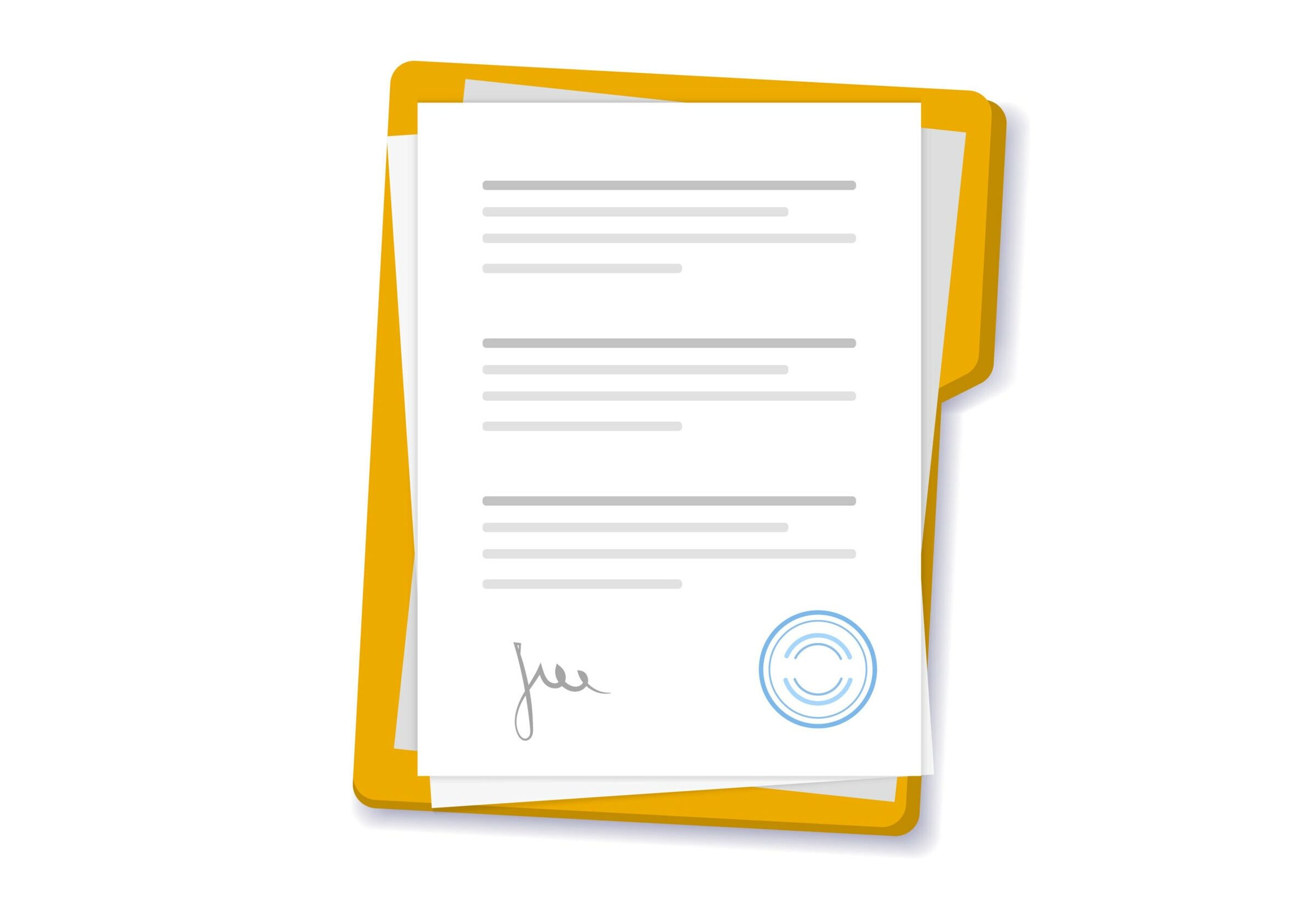 Documents and folder with stamp and text. Contract with approval and stamp. Stack of business papers. Agreements with signature. Documents and folder with stamp and text.