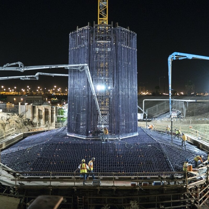 Long Beach International Gateway Bridge Pile caps took 30 hours to pour Tower 16 concrete pour on the Gerald Desmond Bridge Replacement Project on October 29, 2015