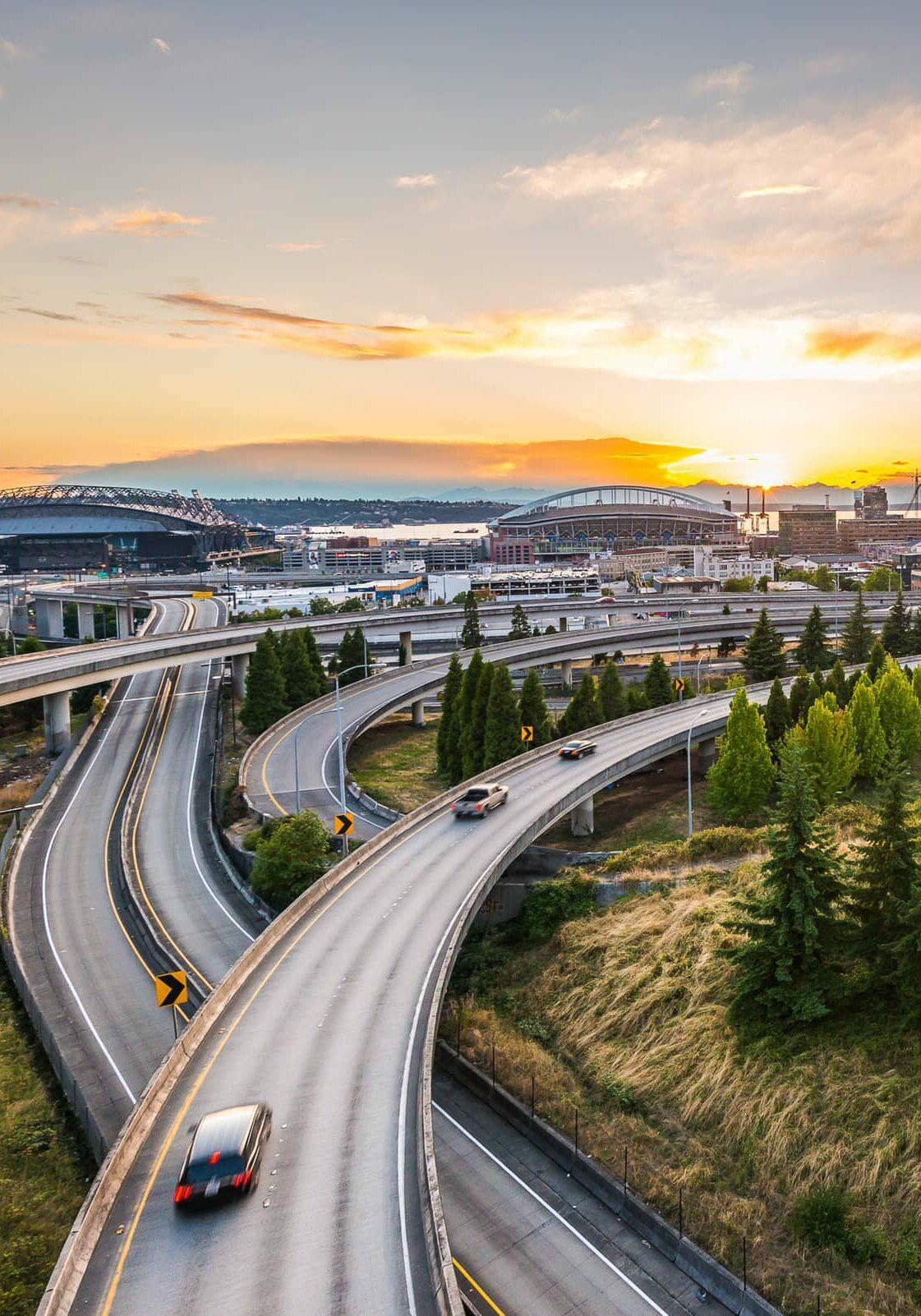 Seattle,Skylines,And,Interstate,Freeways,Converge,With,Elliott,Bay,And Seattle,Skylines,And,Interstate,Freeways,Converge,With,Elliott,Bay,And